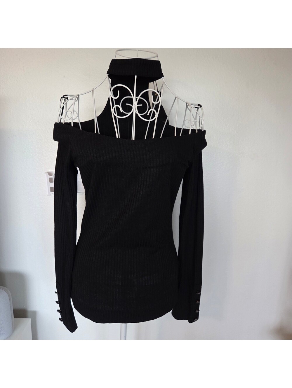 Supertrash Black Off-Shoulder Ribbed Pullover Sweater with Button Cuffs